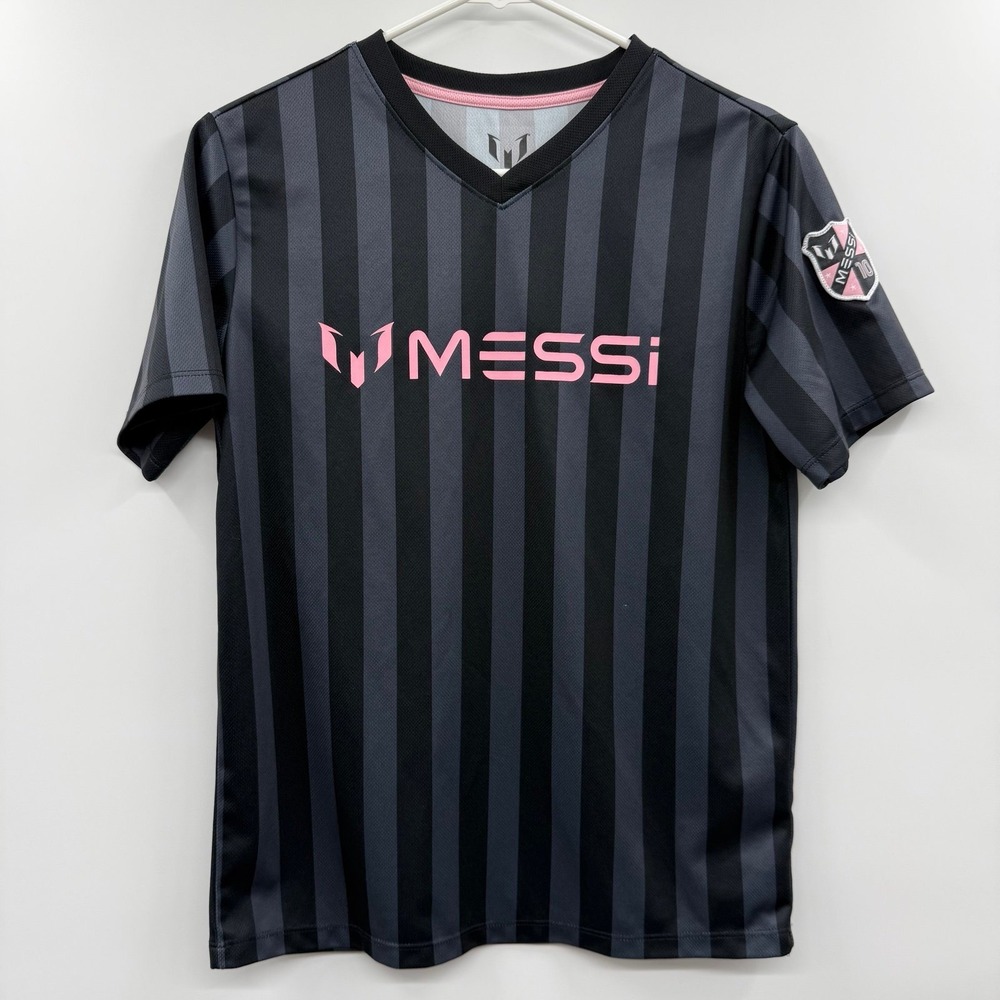 Lionel Messi Performance Soccer Jersey Youth Gray Pink Striped Shirt 14/16 LARGE
